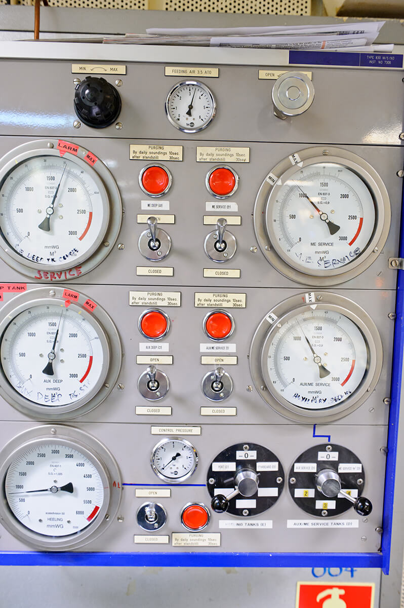 Photo of volumetric flow multi meter with dial indicators and controls. 
